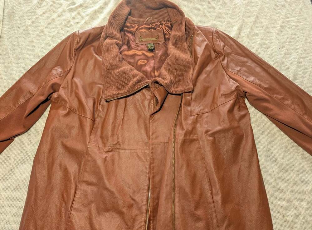 IMAN Genuine Leather Jacket 2X Cognac Brown Knit Shawl Collar Gold Zip Moto Coat